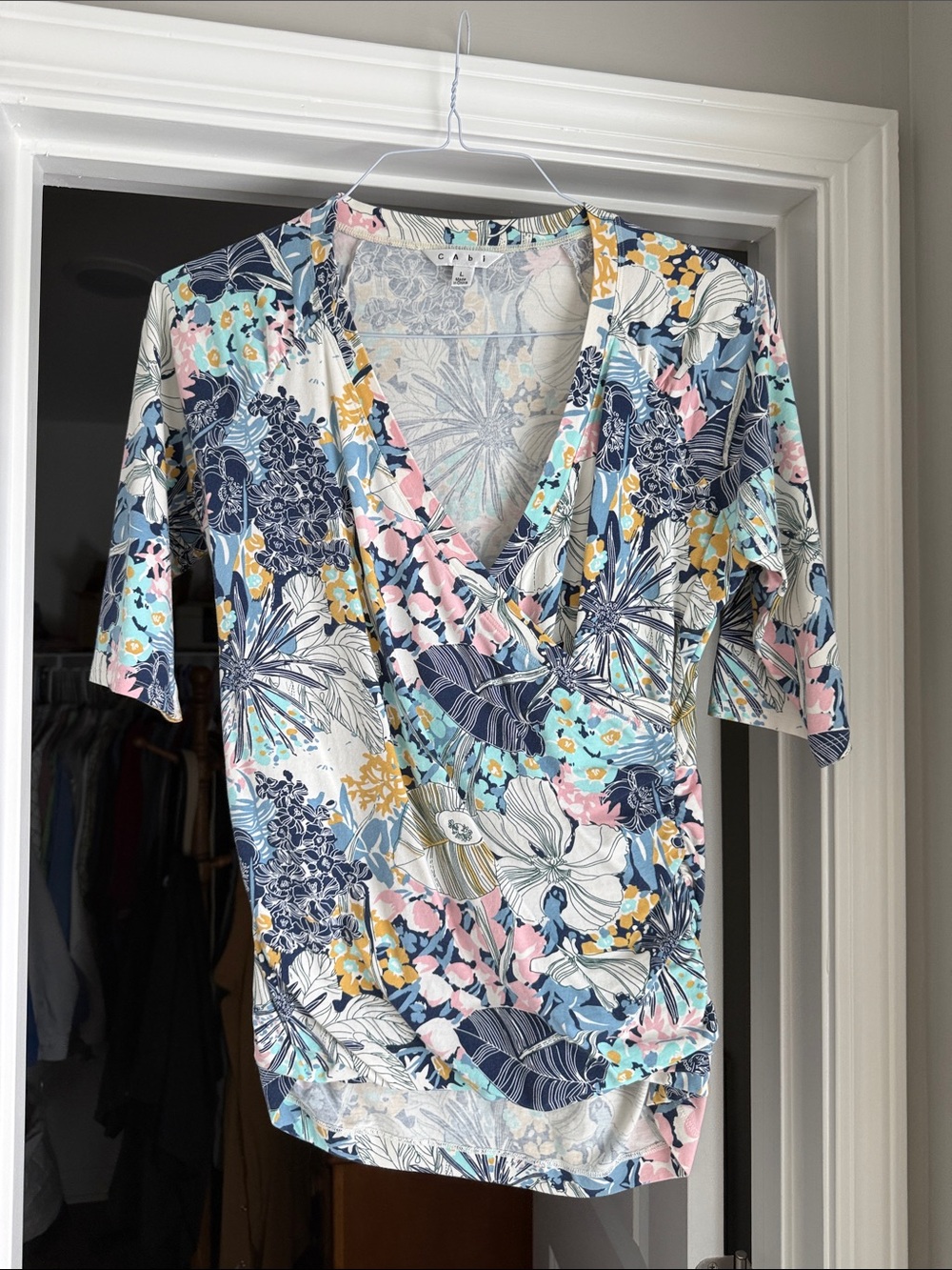 CAbi Floral Wrap Top in Navy, Pink, Yellow, White